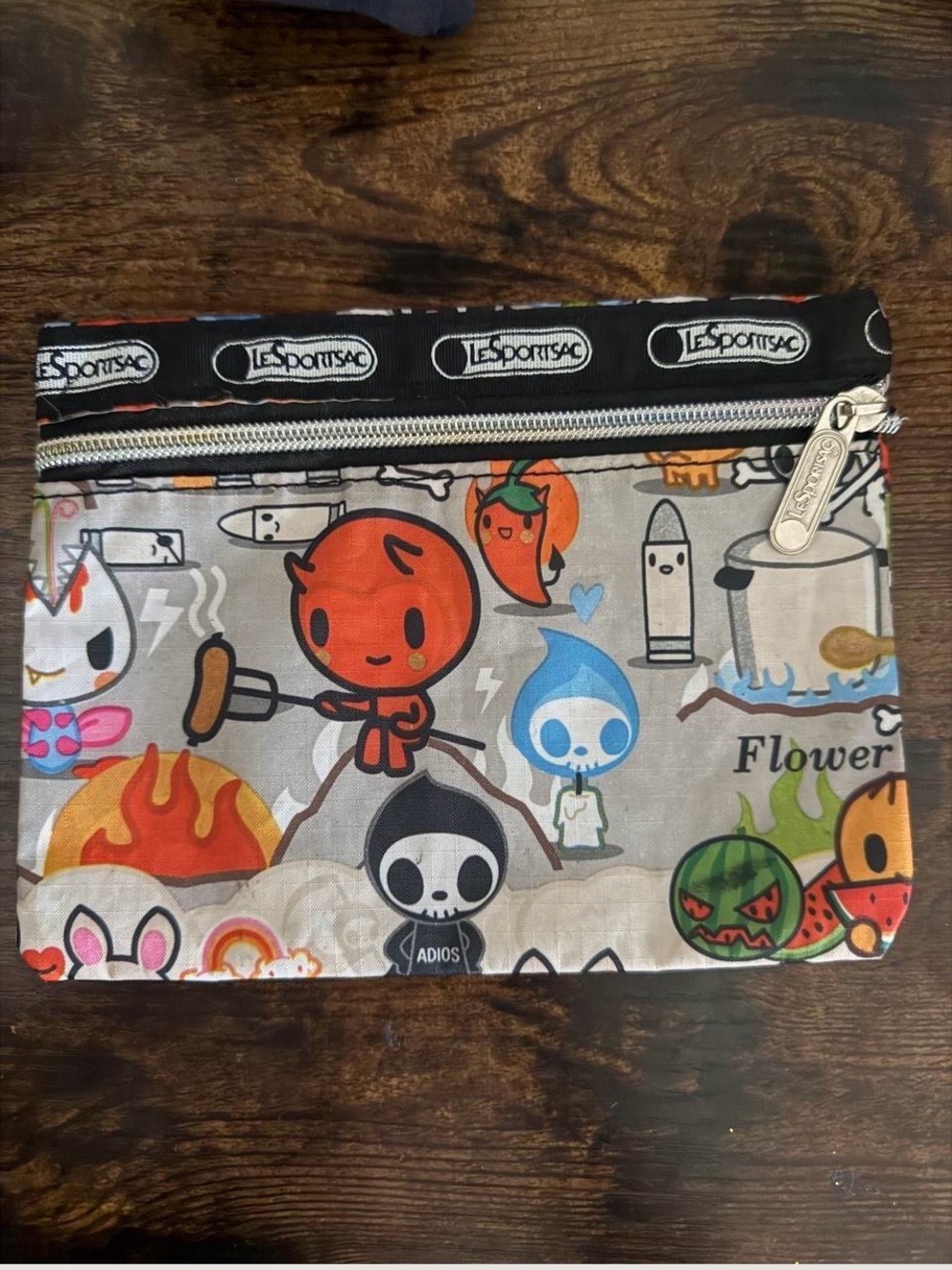 LeSportsac Kids Pouch - Gray with Black Trim and Multicolor Character Print